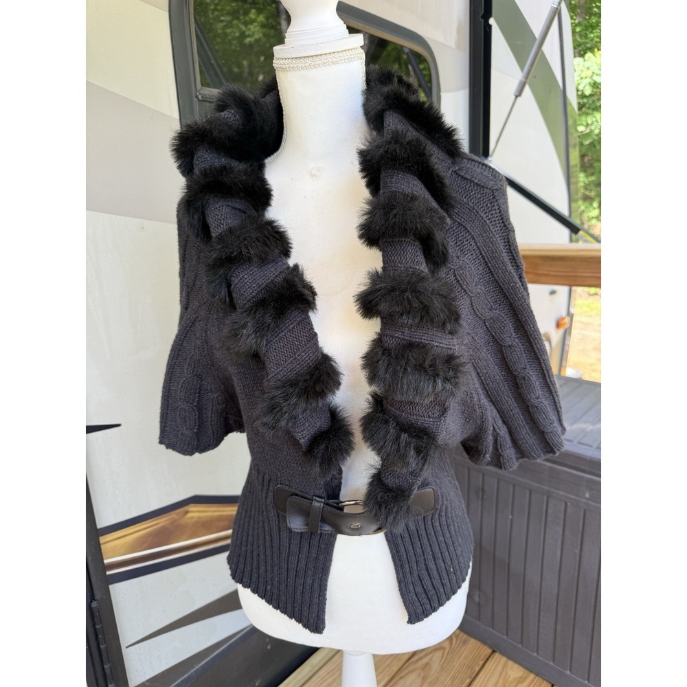Vintage Y2K RXB Black Sweater Cardigan M with Faux Fur and Buckle